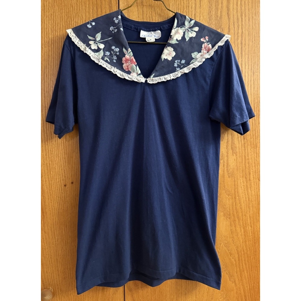 VTG Tee Shirt M Elizabeth Jane Navy Floral Peter Pan Collar Romantic Cottagecore